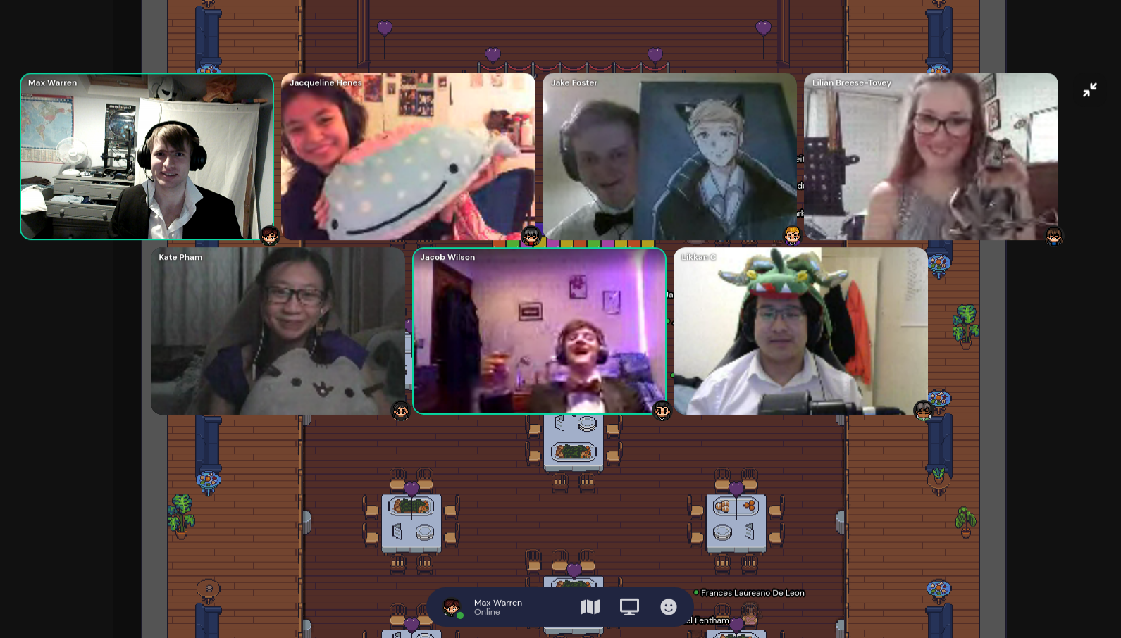 An image of the Gather.Town map with the dining hall and several members of the CSS community