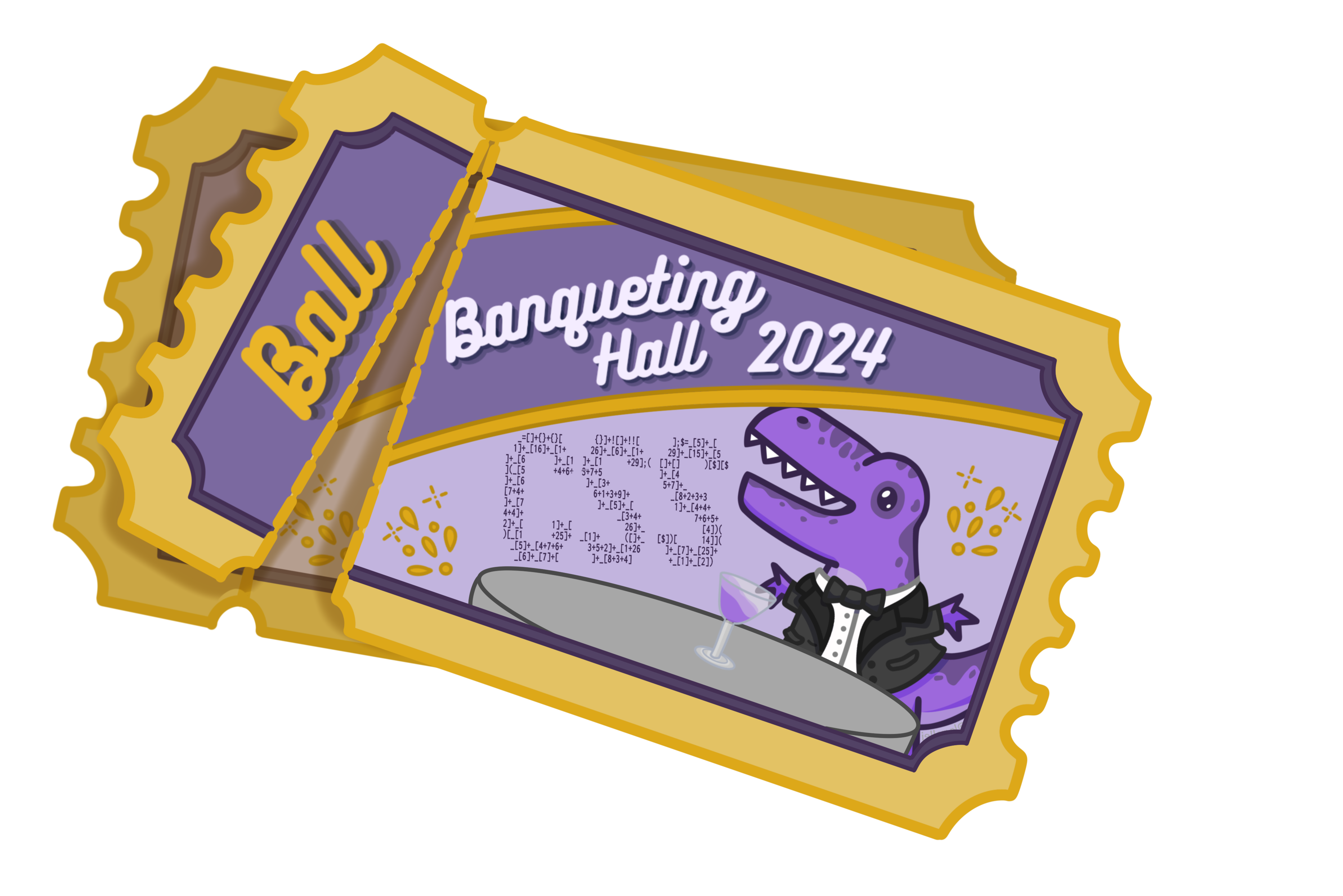 A cartoon image of a ticket with the text 'CSS Ball, Fazeley Studios, 26 April, Admit One'